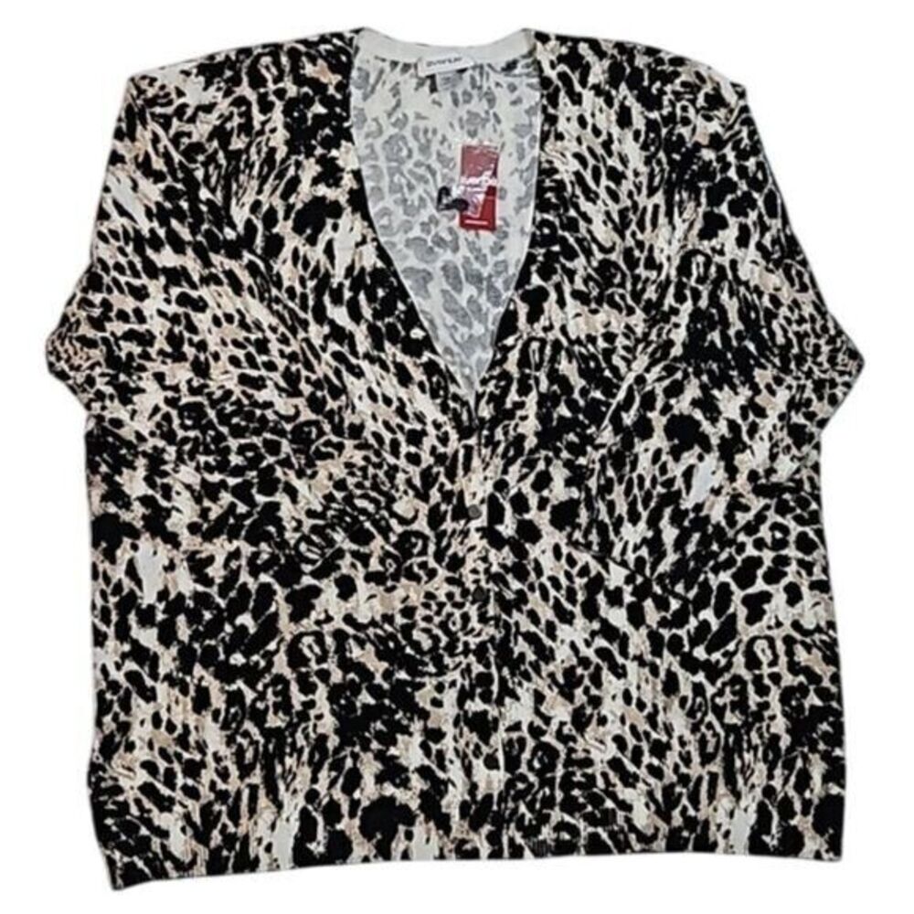 Avenue Womens Cardigan size 18/20 Black Tan White Leopard Career Office NWT